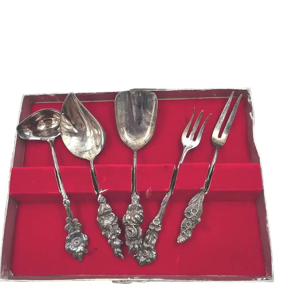 Reed & Barton Hostess Gift Set 5 Uninsils Silverplate Harliquin Floral Patterns